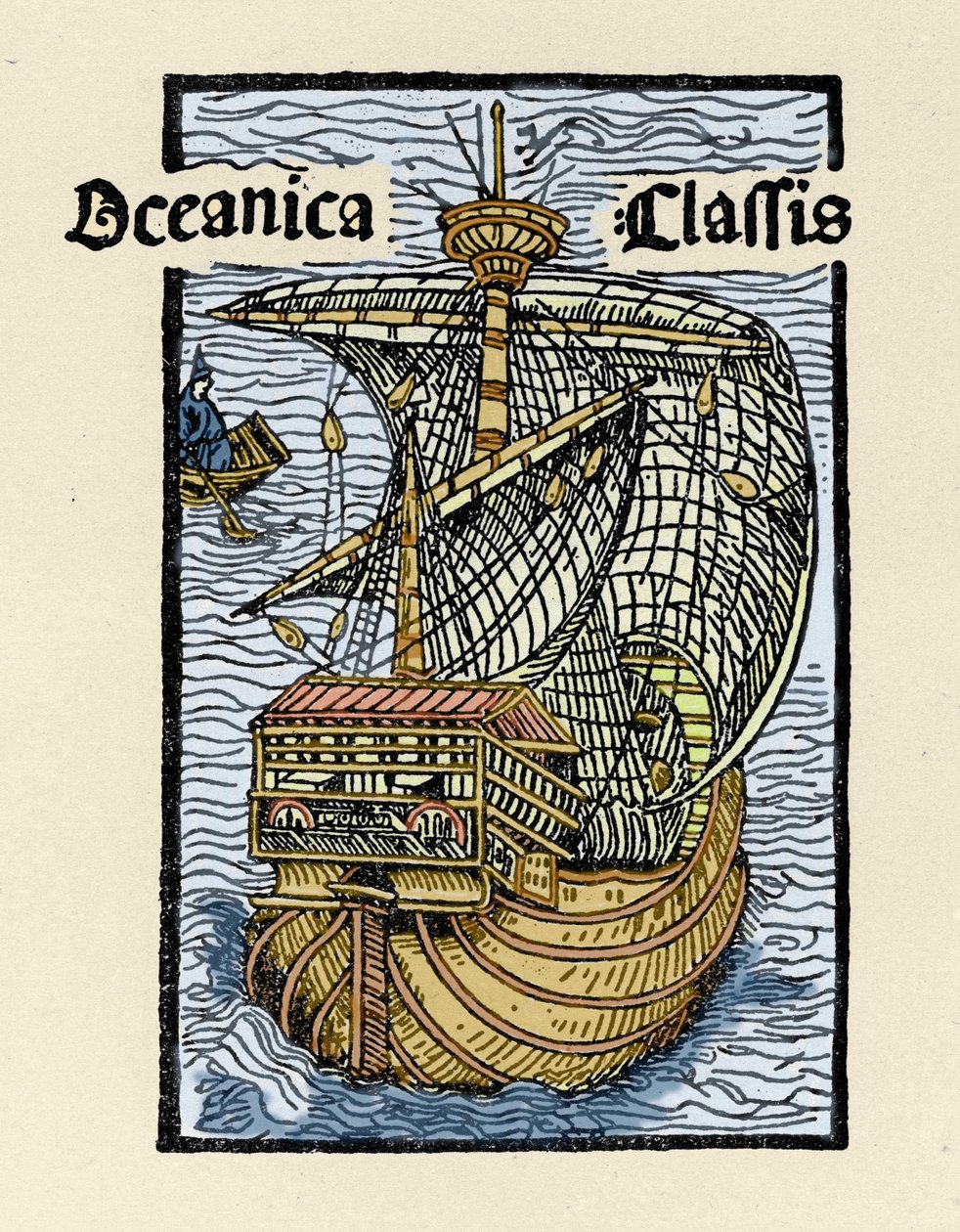 Christopher Columbuksen (1451-1506) karavellin Santa Maria esitys. Kaiverrus kirjasta "De insulis in mare Indico super inventis", Bale 1493-1494 (Latinalainen käännös Kolumbuksen raportista Espanjan kuninkaalle). tekijältä Unknown artist