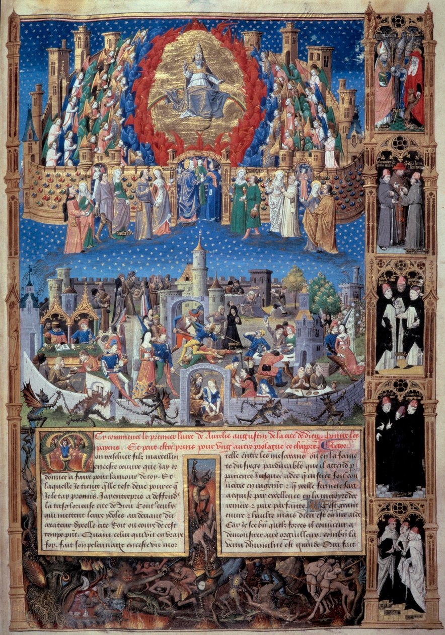 Esitys Jumalan kaupungista (celeste) ja ihmisten kaupungista (maallinen) Miniatyyri otettu pyhän Augustinuksen Hippolaisen (354-430) teoksesta "" De civitate dei" (Jumalan kaupunki), kääntäjä Raoul de Presles noin 1480. Maconin kaupunginkirjasto tekijältä Unknown artist