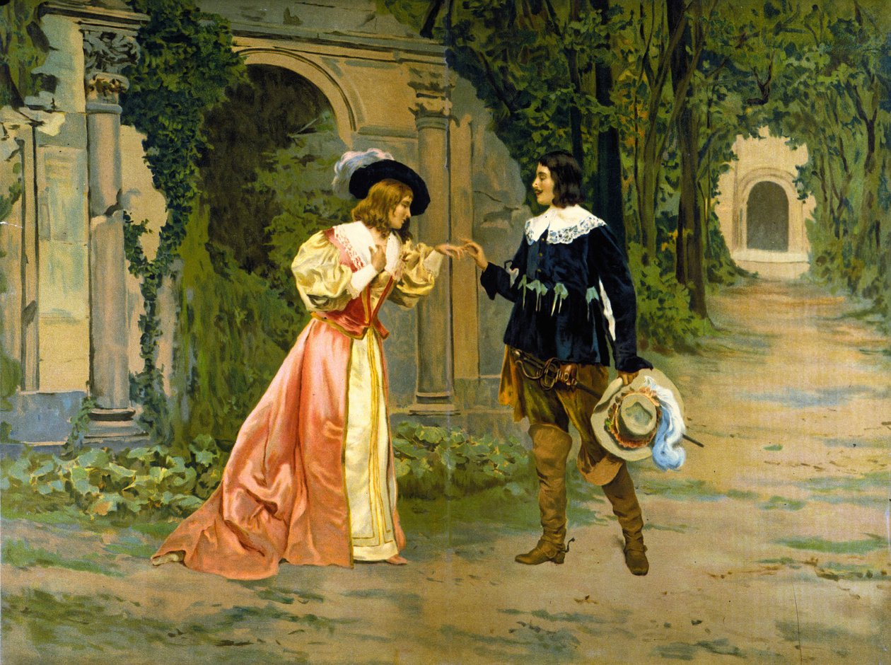 Edustus Edgarin ja Lucian välisestä sormuksen vaihdosta Gaetano Donizettin oopperan "" Lucie de Lammermoor"" (Lucia di Lammermoor) I näytöksessä. tekijältä Unknown artist