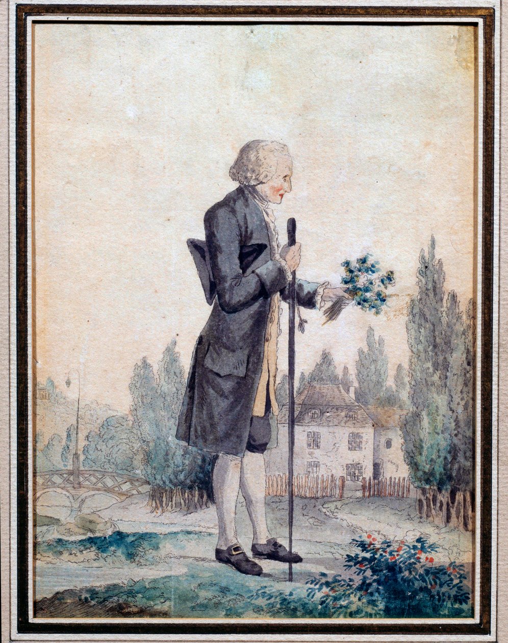 Edustus filosofi Jean Jacques Rousseausta (1712-1778), joka poimii kukkia Ermenonvillessä. Akvarelli 1700-luvulta. Pariisi, Musee Carnavalet tekijältä Unknown artist