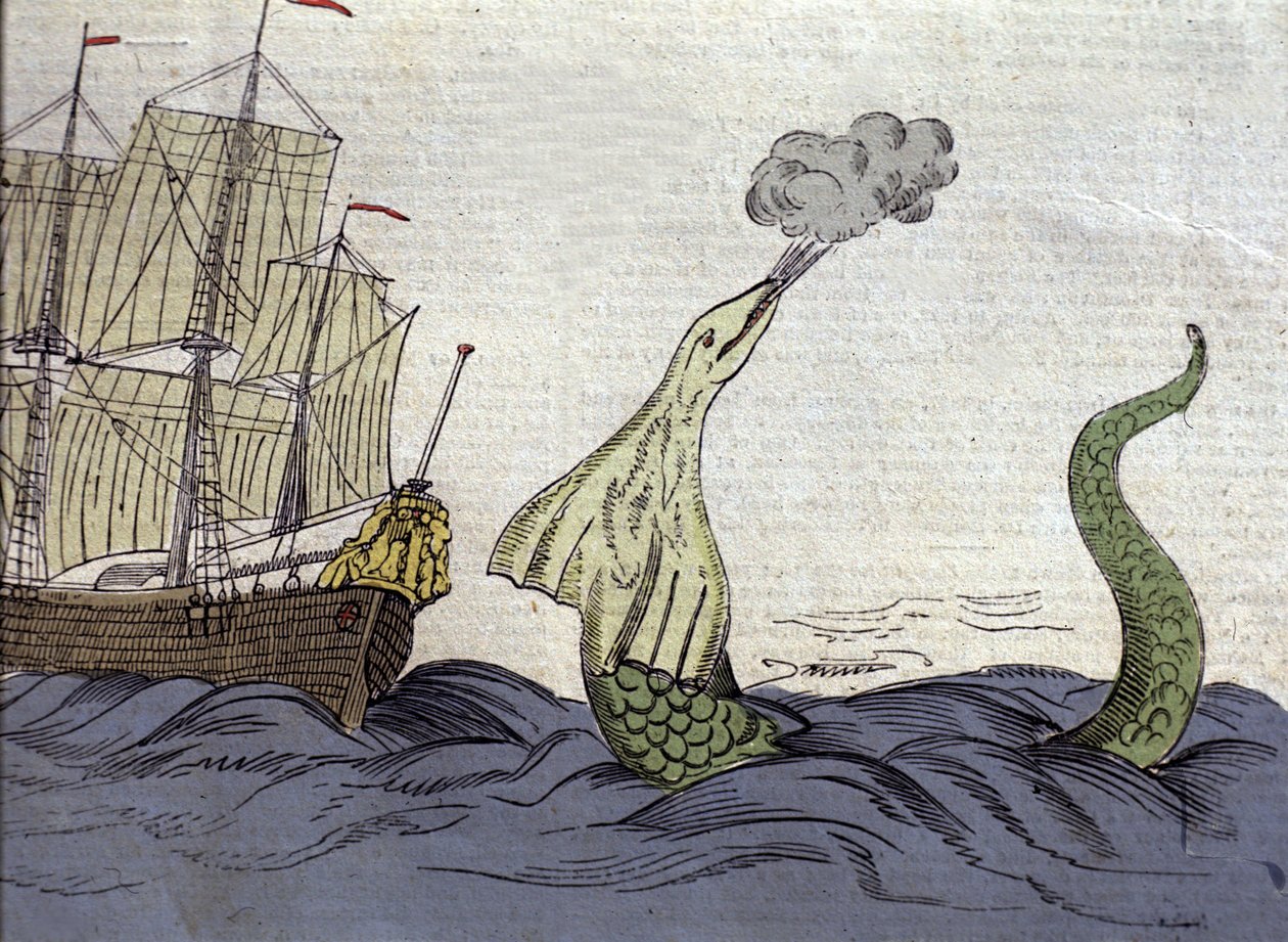 Esitys merikäärmeestä, jonka näki norjalainen lähetyssaarnaaja Hans Egede (1686-1758) Grönlannin matkallaan. Kaiverrus 1700-luvulta tekijältä Unknown artist