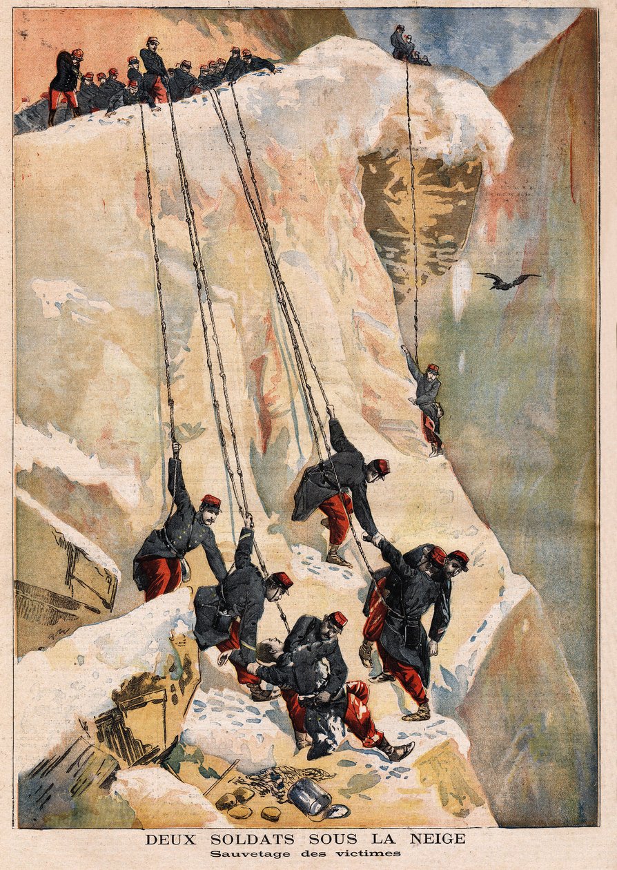 97. rivirykmentin 2 sotilasta pelastetaan rajavalvontatehtävässä, kevään lumen sulamisen aiheuttaman lumivyöryn uhreina. Kaiverrus "" Le petit Journal" -lehdessä 14.5.1894. Selvan kokoelma. tekijältä Unknown artist