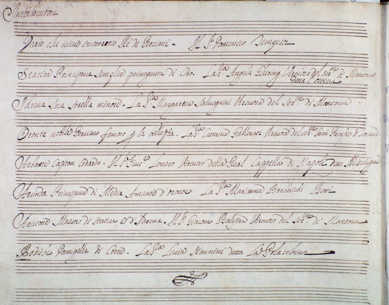 Ansioluettelo Giuseppe Aldrovandinin oopperasta Dariuksen kruunaus (1703) tekijältä Unknown artist