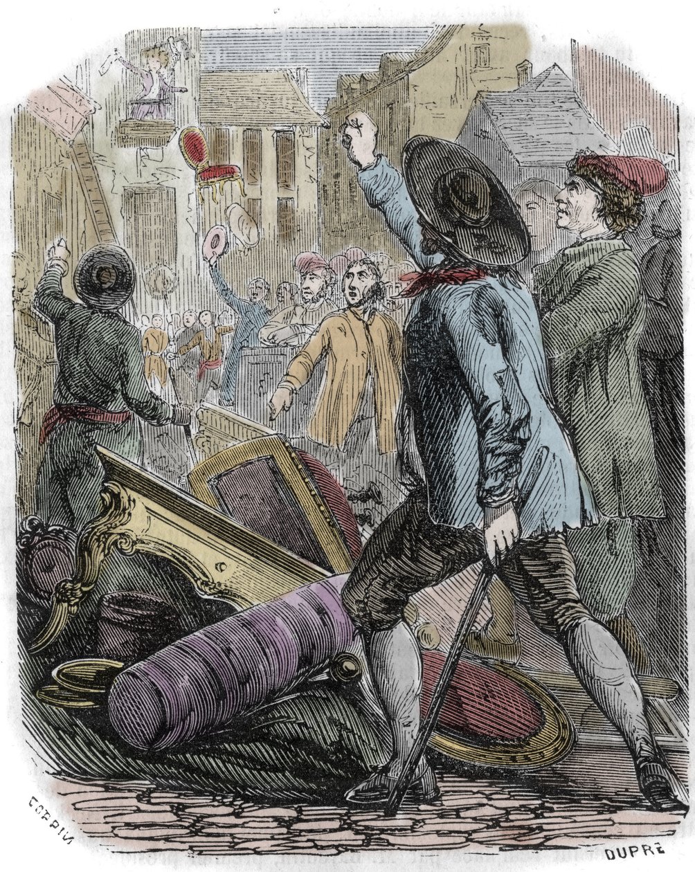 Reveillon-mellakat tapahtuivat 26.-29. huhtikuuta 1789 - Ranskan vallankumous: Reveillon-tapaus - "" Painttien valmistuksen ryöstö Jean Baptiste de Reveillon le 28 avril 1789" Pariisilainen mellakka ryösti rue du Faubourg saint Antoine -tehtaan. tekijältä Unknown artist