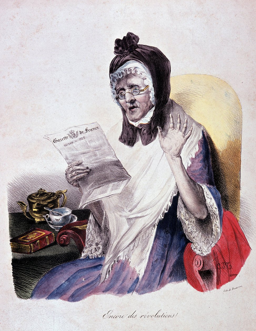 Revolution 1830: "Encore des revolutions"" huutaa vanha nainen lukemassa Gazette de Francea - kaiverrus tekijältä Unknown artist