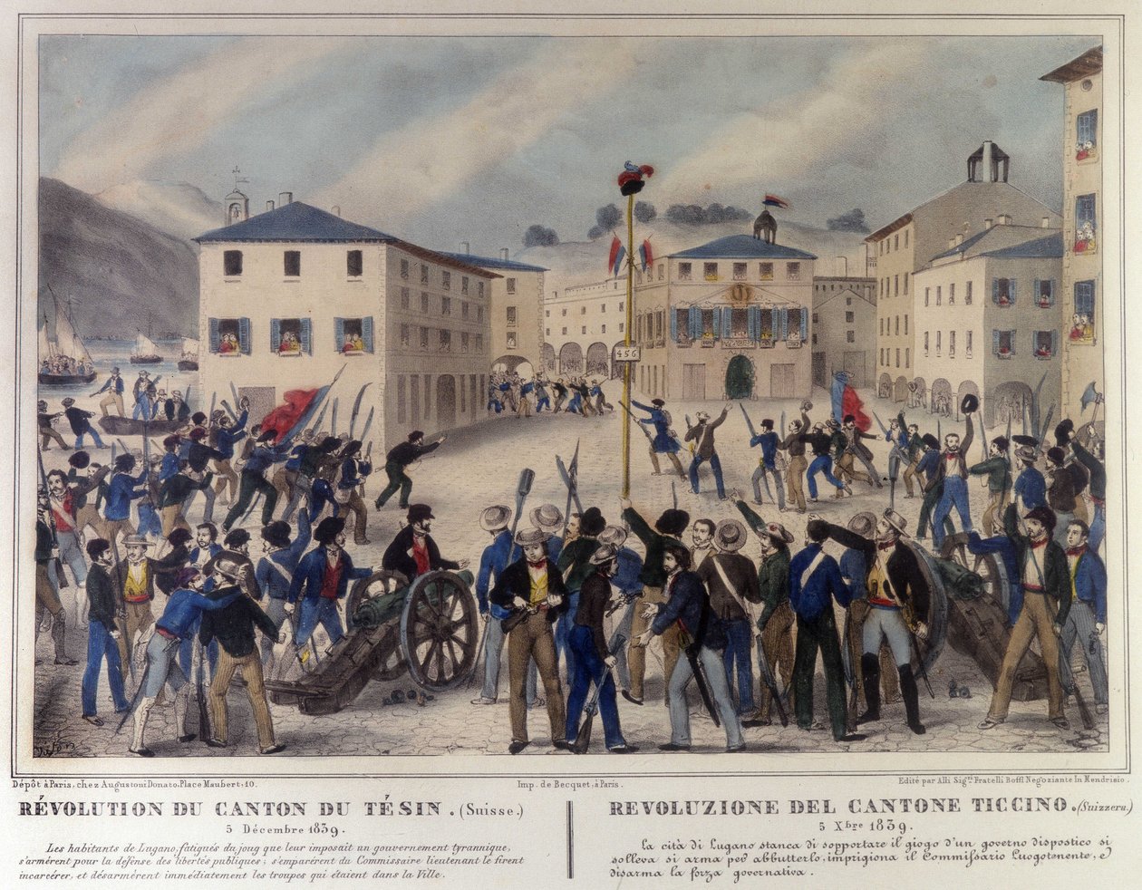 Ticinon kantonin vallankumous Sveitsissä 5. joulukuuta 1859. Kaiverrus 1800-luvulta. tekijältä Unknown artist