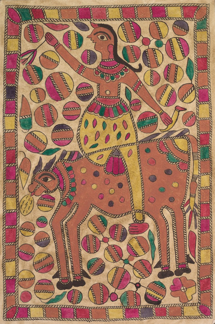 Ratsastaja ja nelijalkainen nautaeläin, jossa on värillisiä neliöitä tekijältä Unknown artist