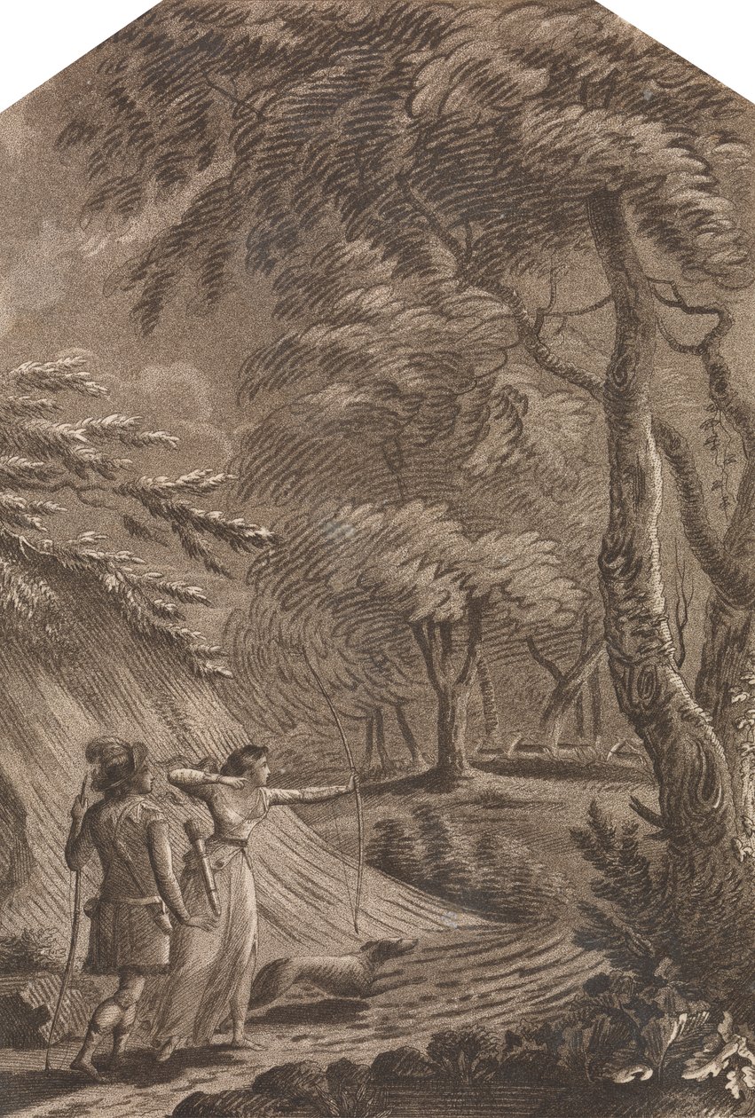 Robin Hood ja Clarinda metsästävät peuroja metsäisessä maisemassa tekijältä Unknown artist