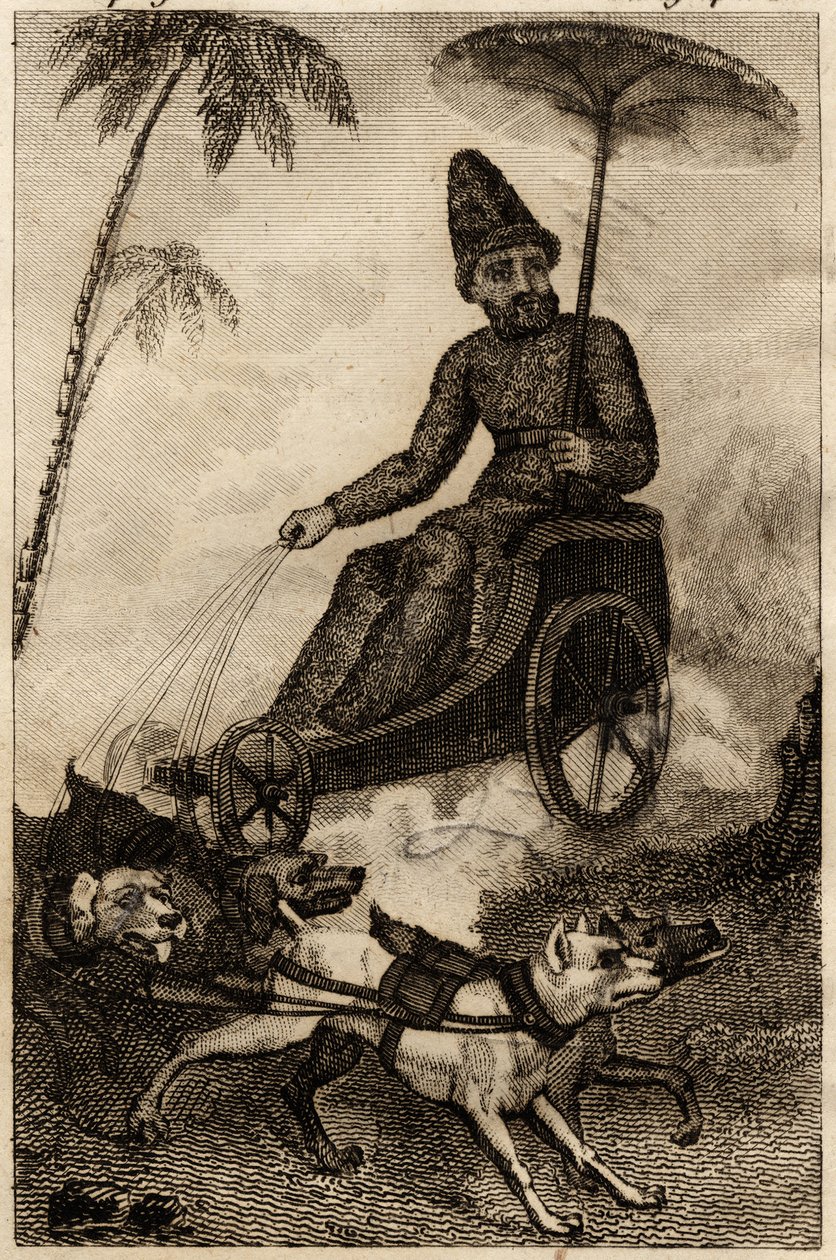 Robinson Crusoe vaunuillaan harjoittelemassa kuuden koiran toimesta, kaiverrus Daniel Defoen "Les aventures de Robinson Crusoe" -kirjaan tekijältä Unknown artist