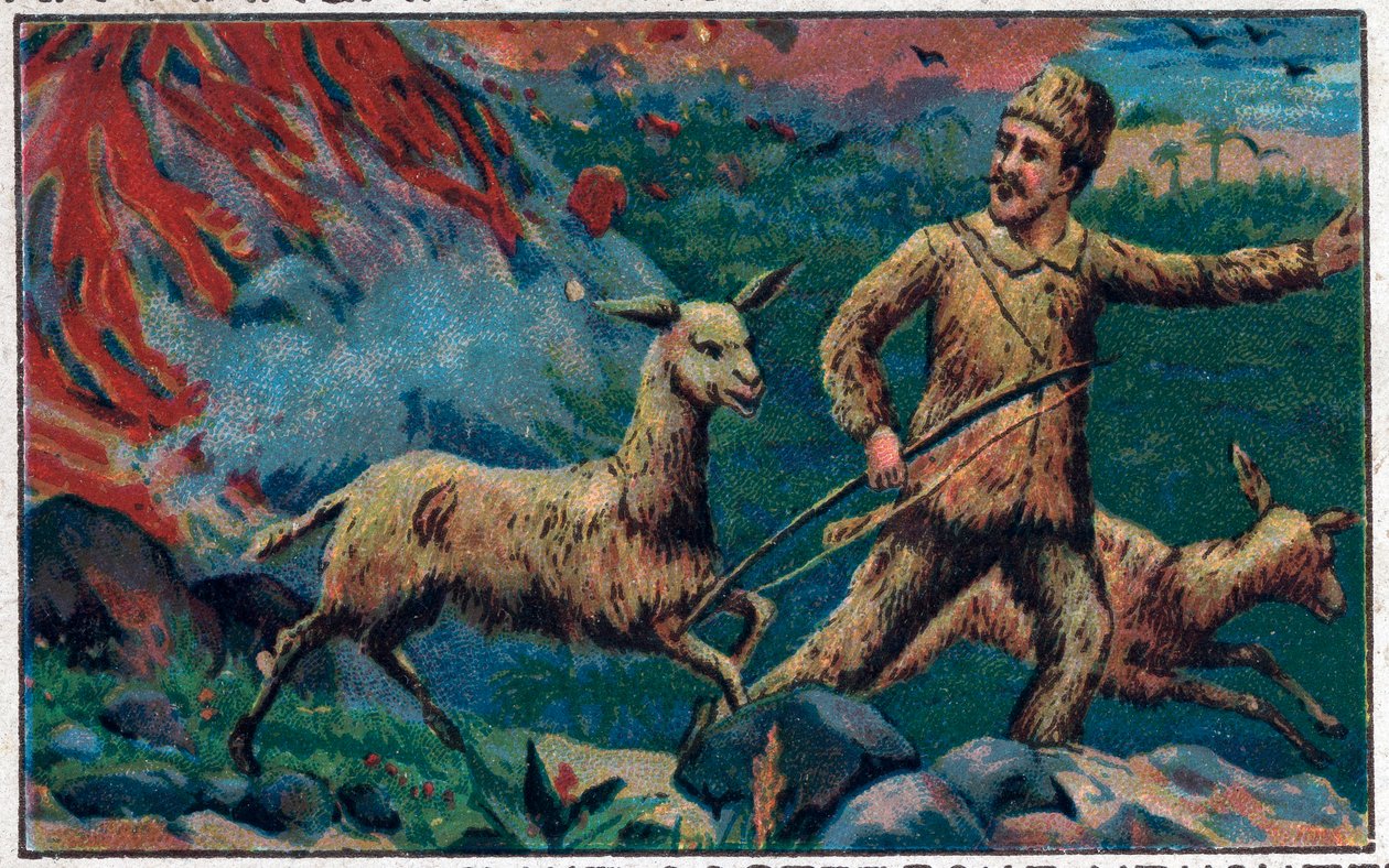 Robinson pakenee tulivuoren räjähdyksestä. Kuvitus Daniel Defoen (De foe) kirjalle "" Robinson Crusoe"". 1800-luvun lopun kromolitografia. tekijältä Unknown artist