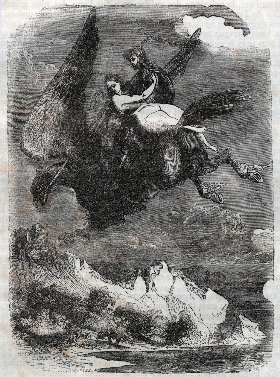 Roger (Ruggero, Ruggiero) ja Angelique (Angelica) virtahepolla - kaiverrus vuodelta 1851 Ludovico Ariostosta "" Roland furieux"" (1500-luku), joka tunnetaan nimellä Ariosto - Tressanin kreivin italiasta kääntämä painos ja julkaisee tekijältä Unknown artist