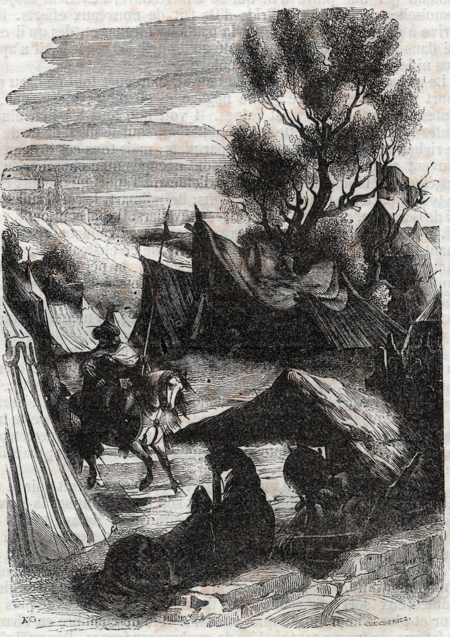 Roland saraseenileirillä - kaiverrus vuodelta 1851 kirjasta "" Furious Roland"" tekijältä Unknown artist