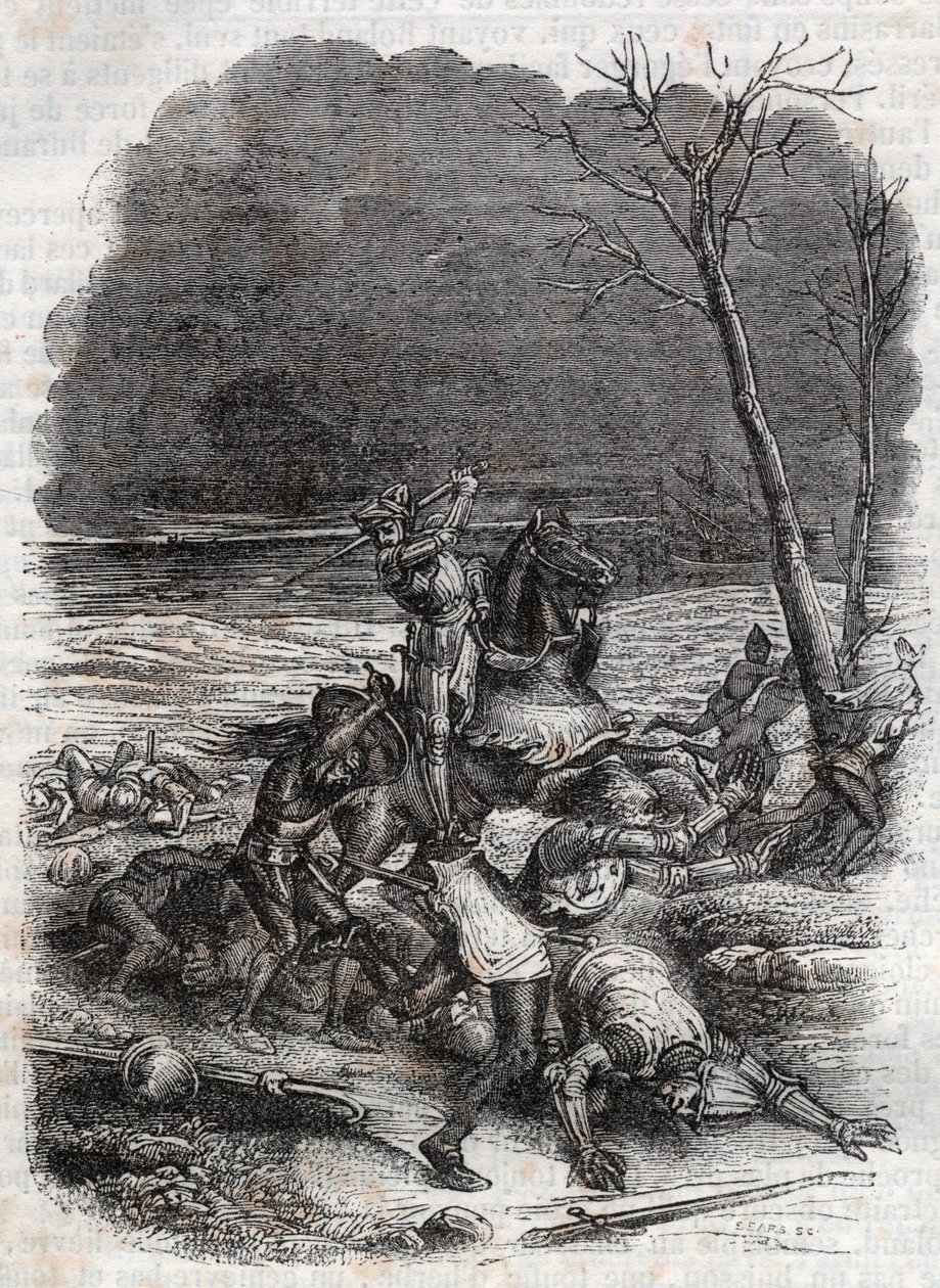Roland murhaa Cymosquen ihmisiä - kaiverrus vuodelta 1851 kirjasta "" Furious Roland"" tekijältä Unknown artist