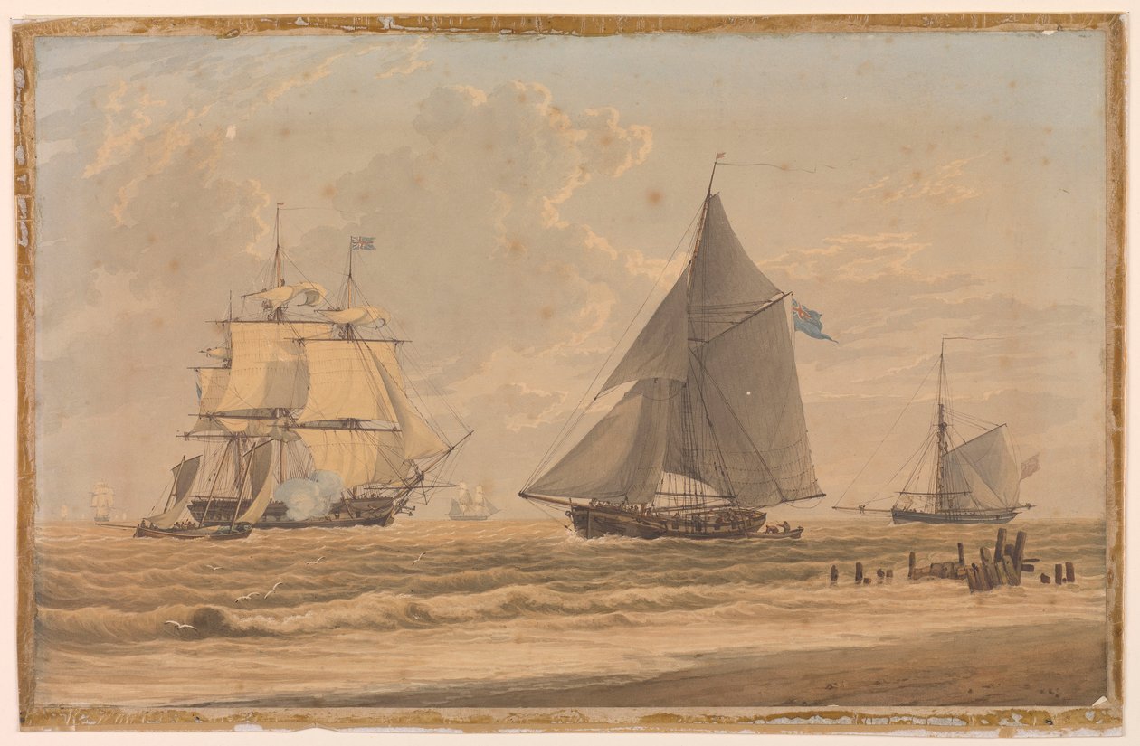 Kuninkaallisen laivaston purjealus rannalla, 1800-luvun alussa (akvarelli) tekijältä Unknown artist