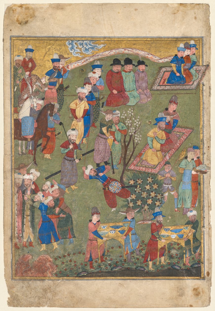 Kuninkaallinen vastaanotto maisemassa, vasen folio Firdausin (persialainen, noin 940–1019 tai 1025) Shahnaman (kuninkaiden kirjan) kaksoisetulevystä tekijältä Unknown artist