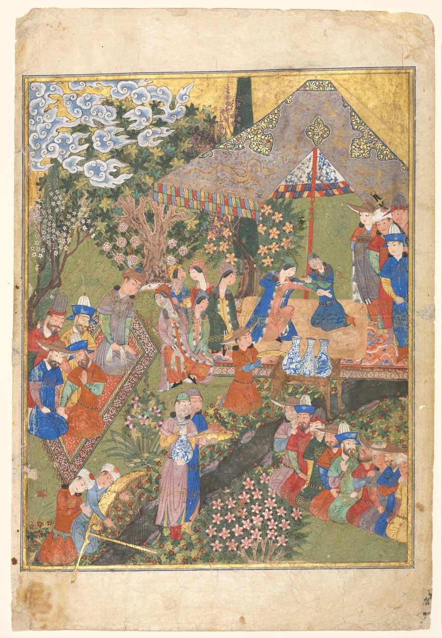 Kuninkaallinen vastaanotto maisemassa, oikea folio Firdausin Shahnaman (Kuninkaiden kirjan) (940–1019 tai 1025) kaksisivuisesta etulevystä tekijältä Unknown artist