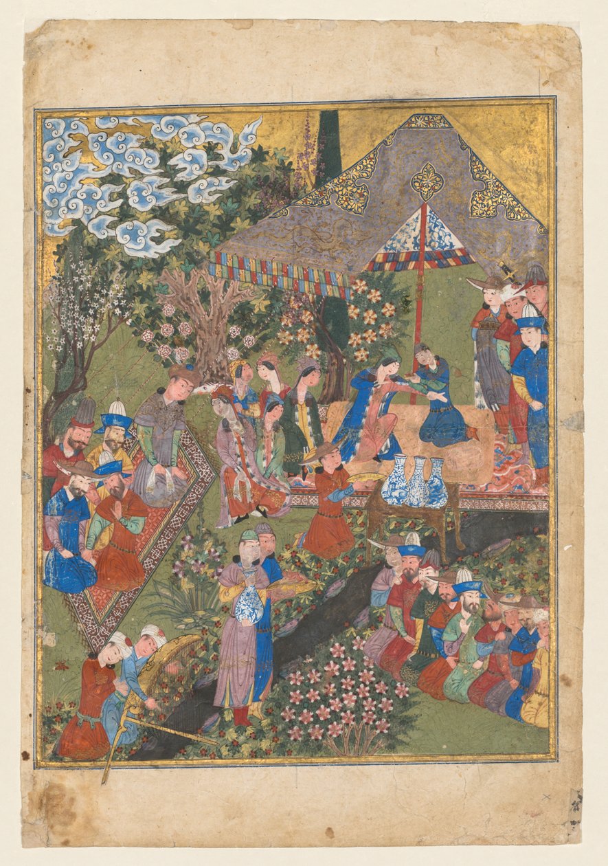 Kuninkaallinen vastaanotto maisemassa, oikea folio Firdausin (Persia, noin 940–1019 tai 1025) Shahnaman (kuninkaiden kirjan) kaksinkertaisesta etureunasta (käänteinen) tekijältä Unknown artist