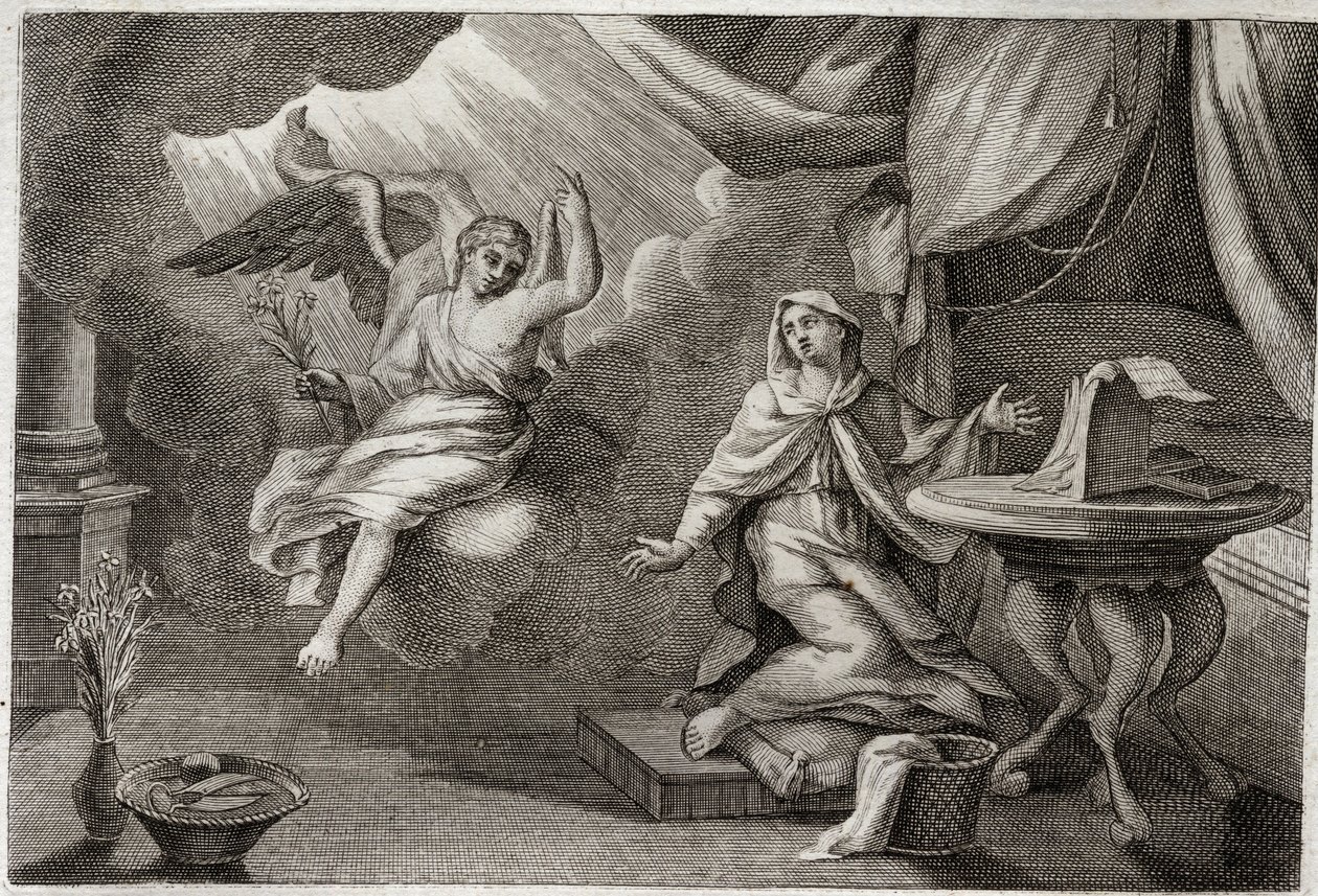 Royaumont Raamattu, Uusi testamentti: Neitsyen ilmestys. Arkkienkeli Gabriel on tullut välittämään viestin Marialle. Kuvitus vuodelta 1811. tekijältä Unknown artist