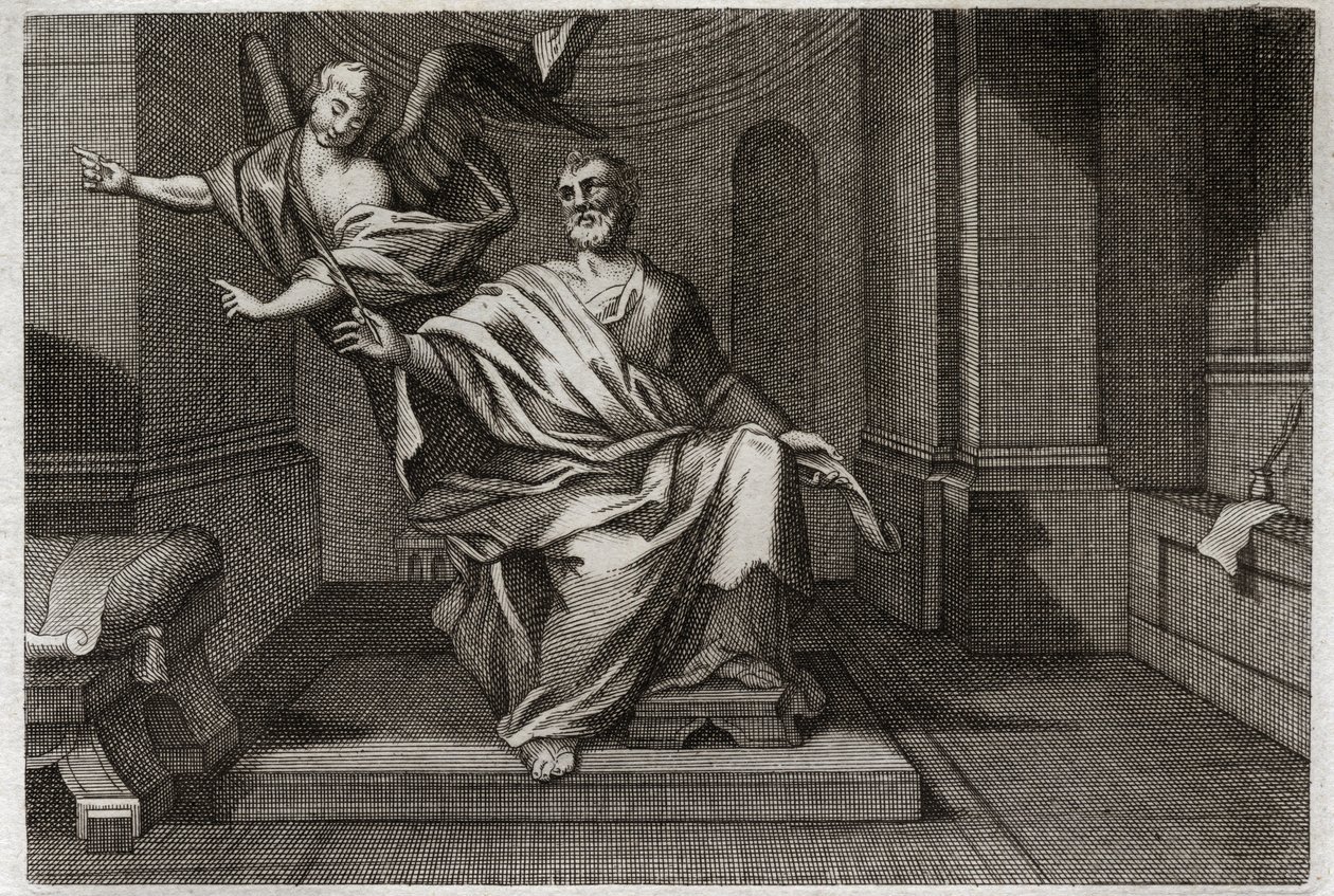 Royaumont Raamattu, Uusi testamentti: Evankelista Pyhä Matteus enkelin kanssa. Kuvitus vuodelta 1811. tekijältä Unknown artist