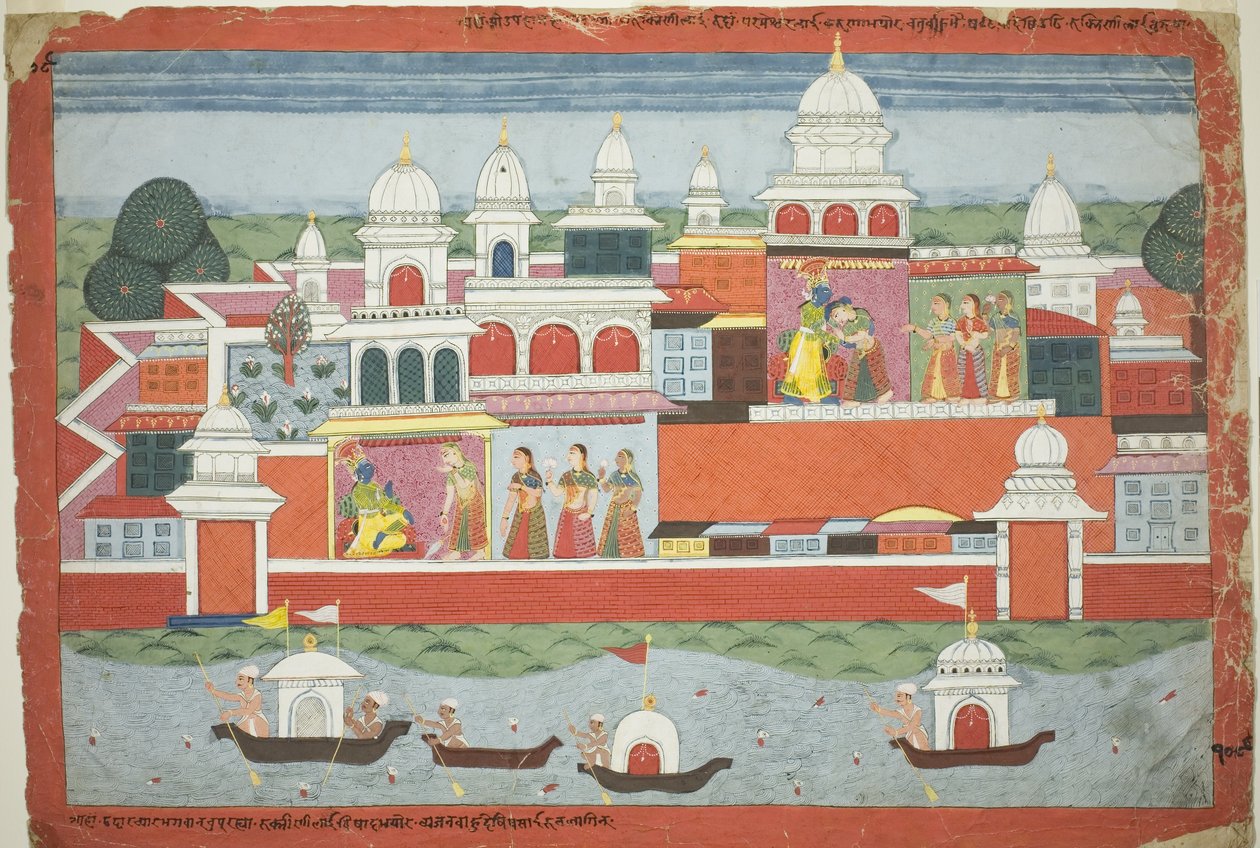 Rukmini pyytää Krishnalta lupaa vierailla veljensä Rukman luona, sivu hajanaisesta Bhagavata Puranan käsikirjoituksesta. tekijältä Unknown artist
