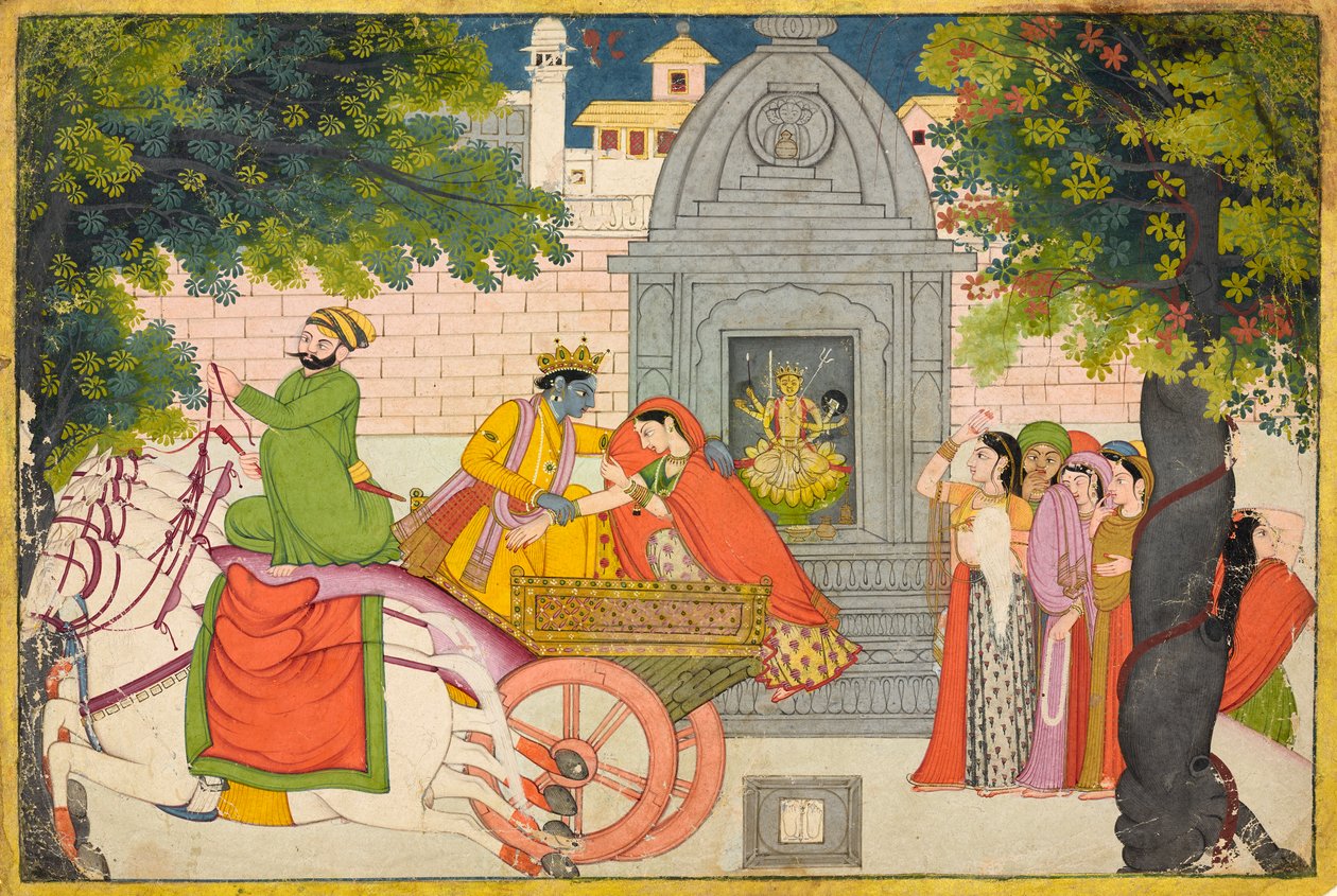 Rukmini karkaa Krishnan kanssa, folio <em>Bhagavata Puranasta</em> tekijältä Unknown artist