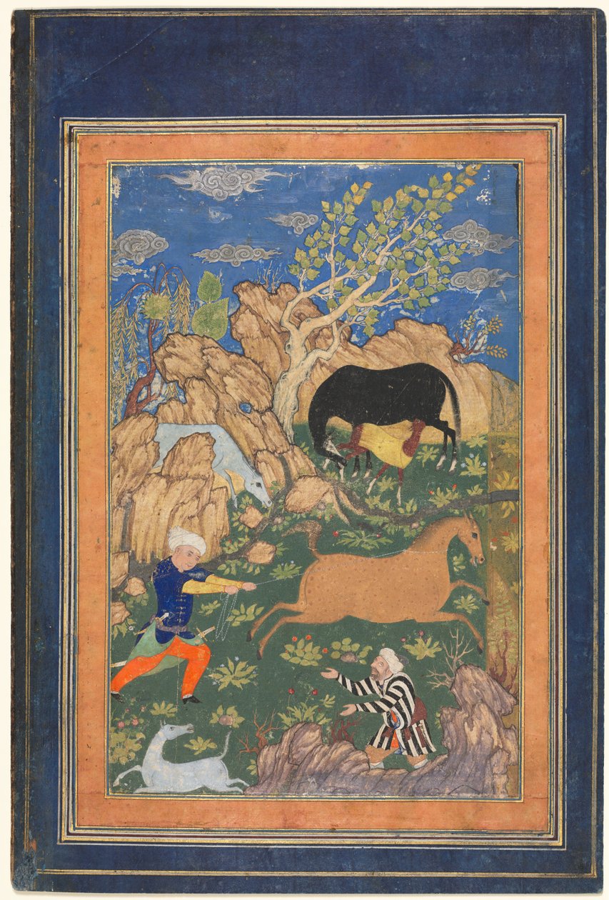 Rustam Lasso hevostaan, Rakhsh, maisemassa (recto) tekijältä Unknown artist