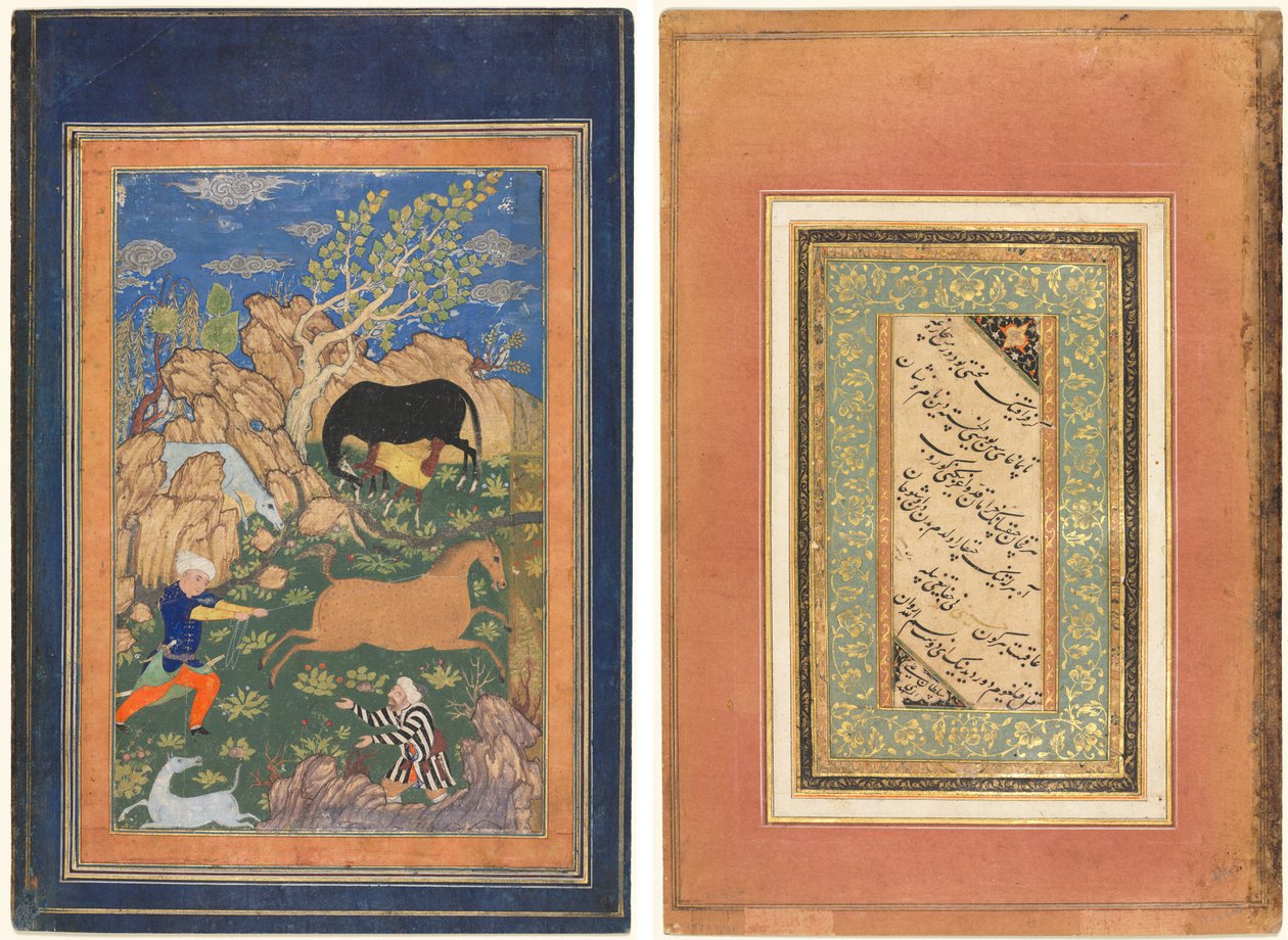 Rustam Lassoing Horse, Rakhsh, in a Landscape (recto); Kalligrafia, persialaiset säkeet (käänteinen) tekijältä Unknown artist