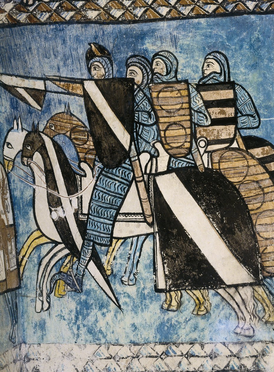 ESPANJA. KASTILIA JA LEÓN. Valladolid. San Bernardo de Valbuenan luostari. Kastilian armeija, ryhmä kristittyjä sotilaita ratsastamassa hevosilla. 14. vuosisadan freskomaalaus aiheesta "La Reconquista". Goottilainen taide tekijältä Unknown artist
