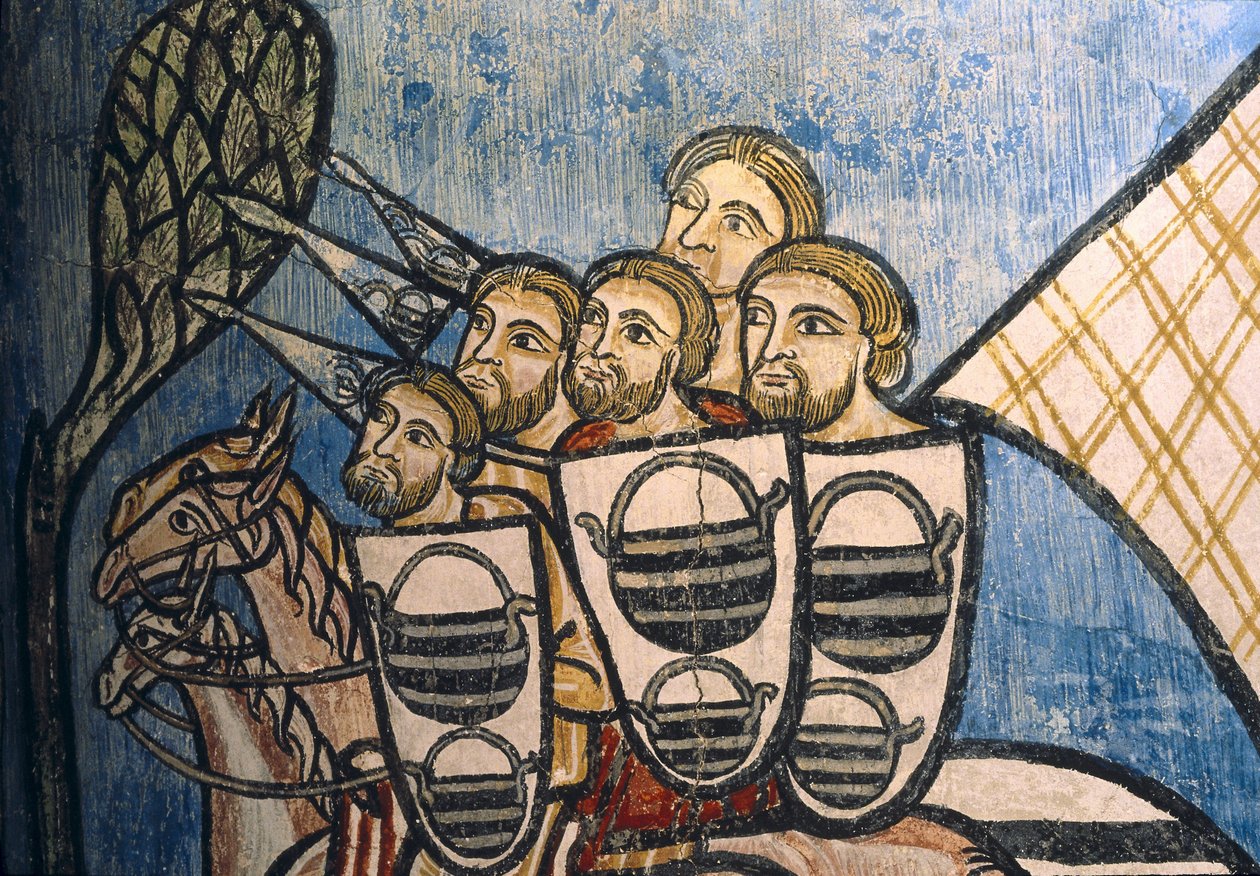 ESPANJA. KASTILIA JA LEÓN. Valladolid. San Bernardo de Valbuenan luostari. Ryhmä kristittyjä sotilaita ratsastamassa hevosilla. Kastilialainen koulu. 1300-luku. Freskomaalaus aiheesta "La Reconquista". Goottilainen taide tekijältä Unknown artist