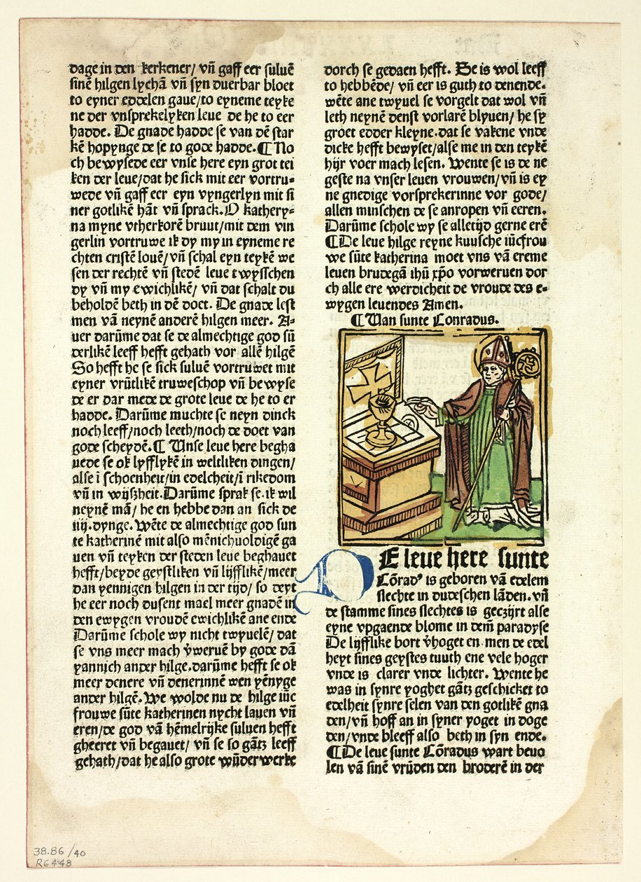 Pyhä Conrad teoksesta Der Heiligen Leben, Winterteil (Pyhimysten elämä, talviaika), laatta 40 teoksesta Woodcuts from Books of the 15th Century (Puupiirroksia 1400-luvun kirjoista) tekijältä Unknown artist