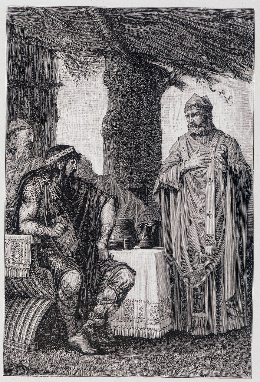 Saint Gregoire of Tours (538-594) vastustaa Chilperic I:tä (539-584) Neutrian kuningasta. tekijältä Unknown artist