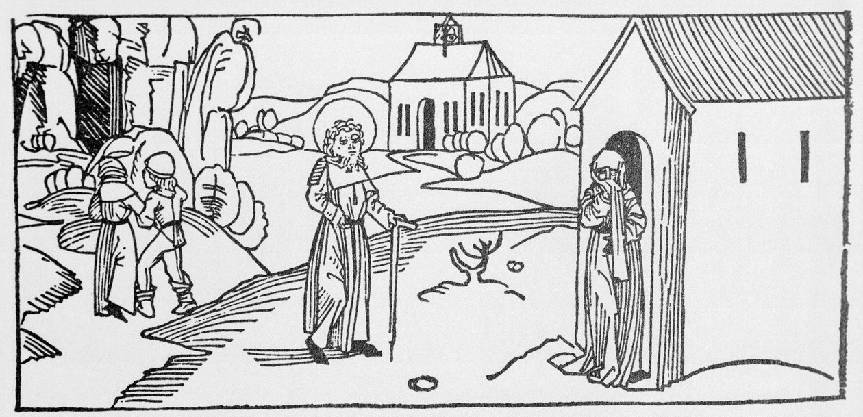 Pyhä pastori. Kaiverrus Jacobuksen (James) Voraginen (1228-1298) teoksesta "Pyhien elämä - kesäosa" (Pyhän kirja). Lyypekki 1488. tekijältä Unknown artist