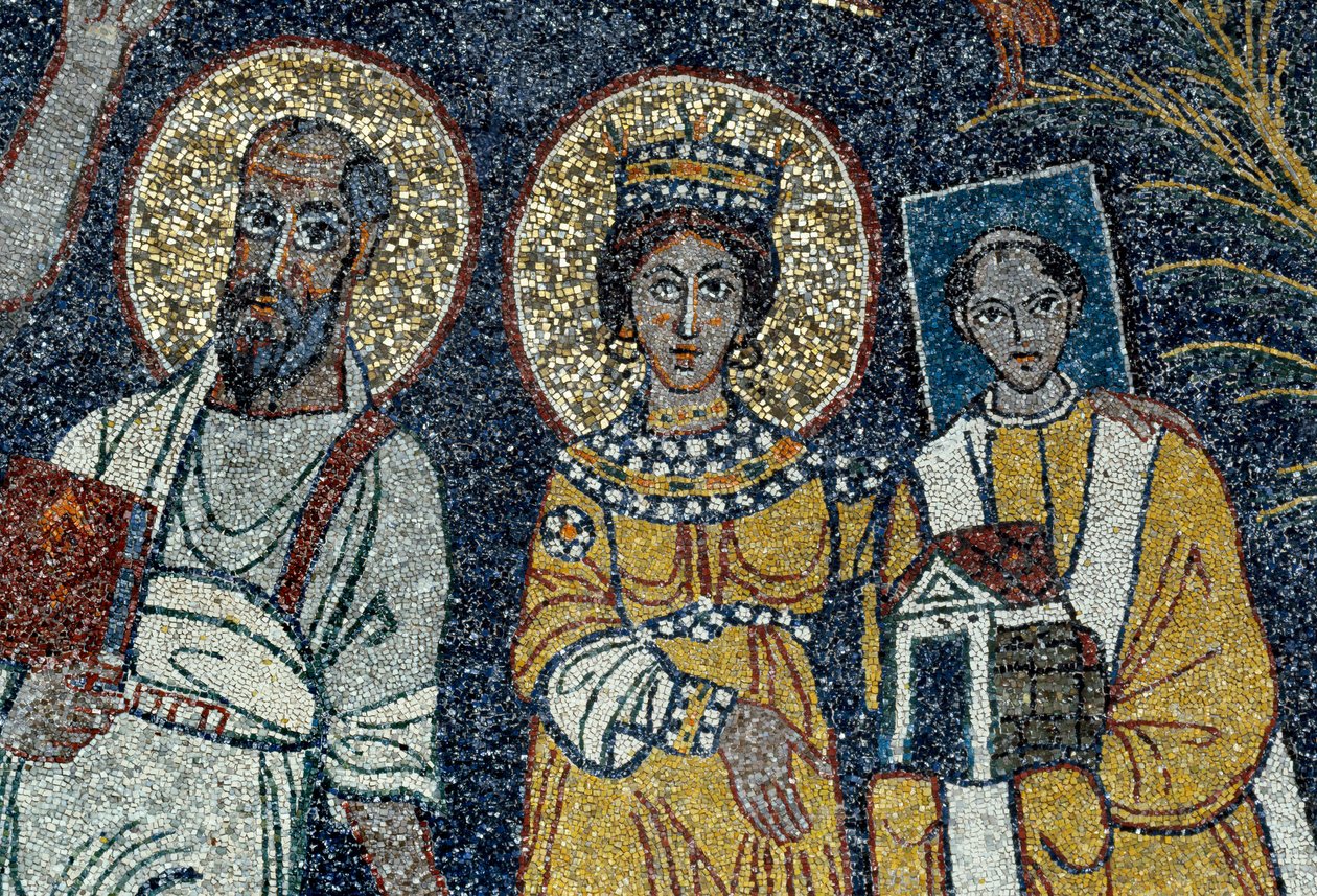 Pyhä Paavali, Saint Cecile ja Saint Pascal Yksityiskohta Kristuksesta ja kuudesta pyhästä. Nimetön mosaiikki, 821. Rooman basilika di Santa Cecilia Trasteveressa tekijältä Unknown artist