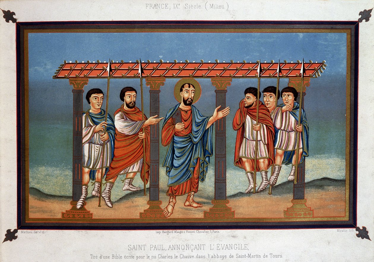 Pyhä Paavali julistamassa evankeliumia - Raamatusta, joka on kirjoitettu kuningas Kaarle Kaljulle Toursin Saint Martinin luostarissa, 9. vuosisata tekijältä Unknown artist