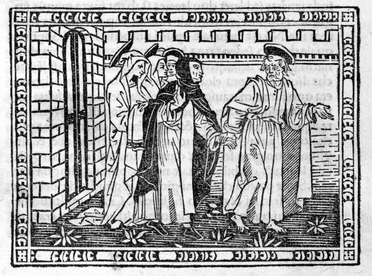 Pyhä Pietari kädestä pitäen Savonarola (Jerome Savonarola) (1452 - 1498) - "" Compendium of Revelatione"", inkunaabuli 23.4.1496. tekijältä Unknown artist