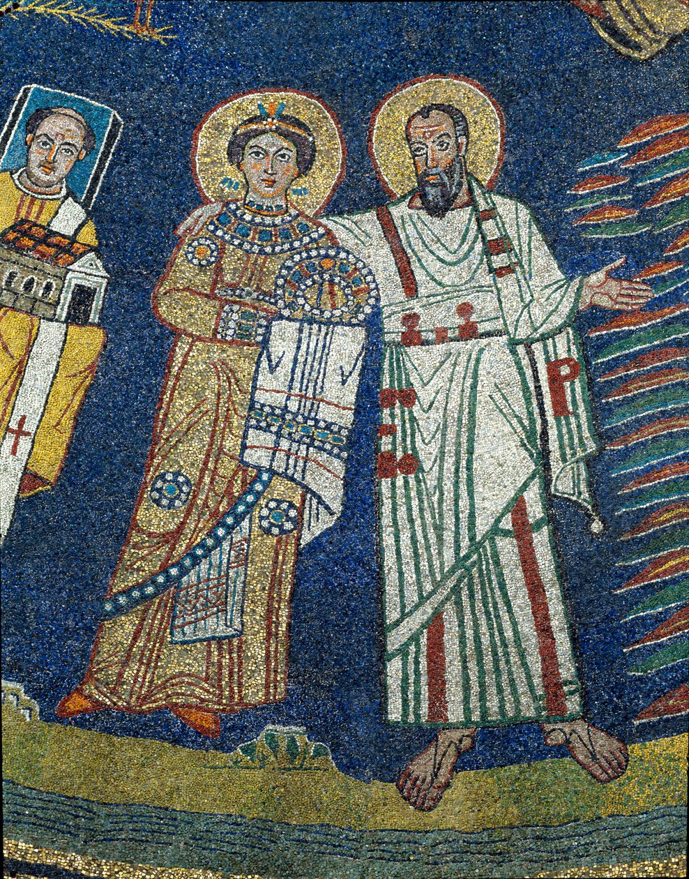 Saint Praxede (Prassede) ja Saint Paul Detail. Nimetön mosaiikki noin 830. Santa Prasseden basilikan riemukaari, Rooma tekijältä Unknown artist