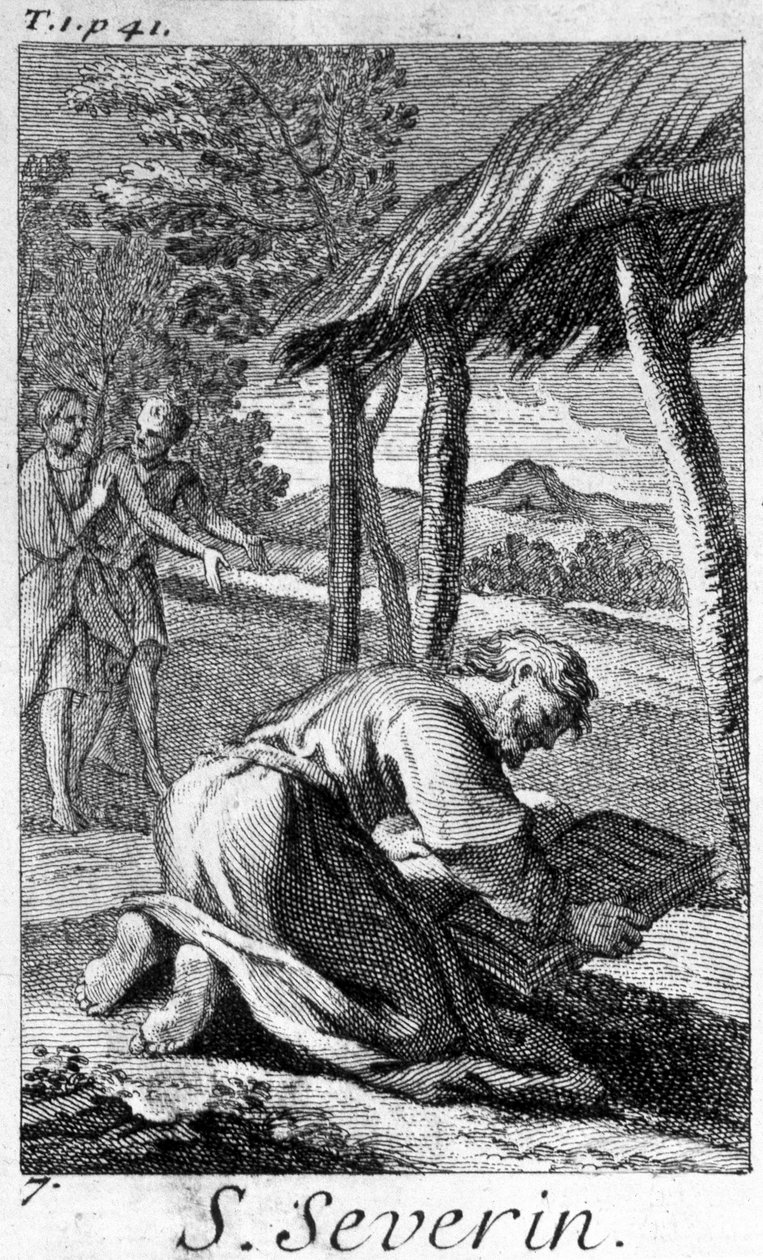 Pyhä Severin, Norilaisten evankelista (nykyinen Itävalta), lukee. Kaiverrus 1600-luvulta. tekijältä Unknown artist