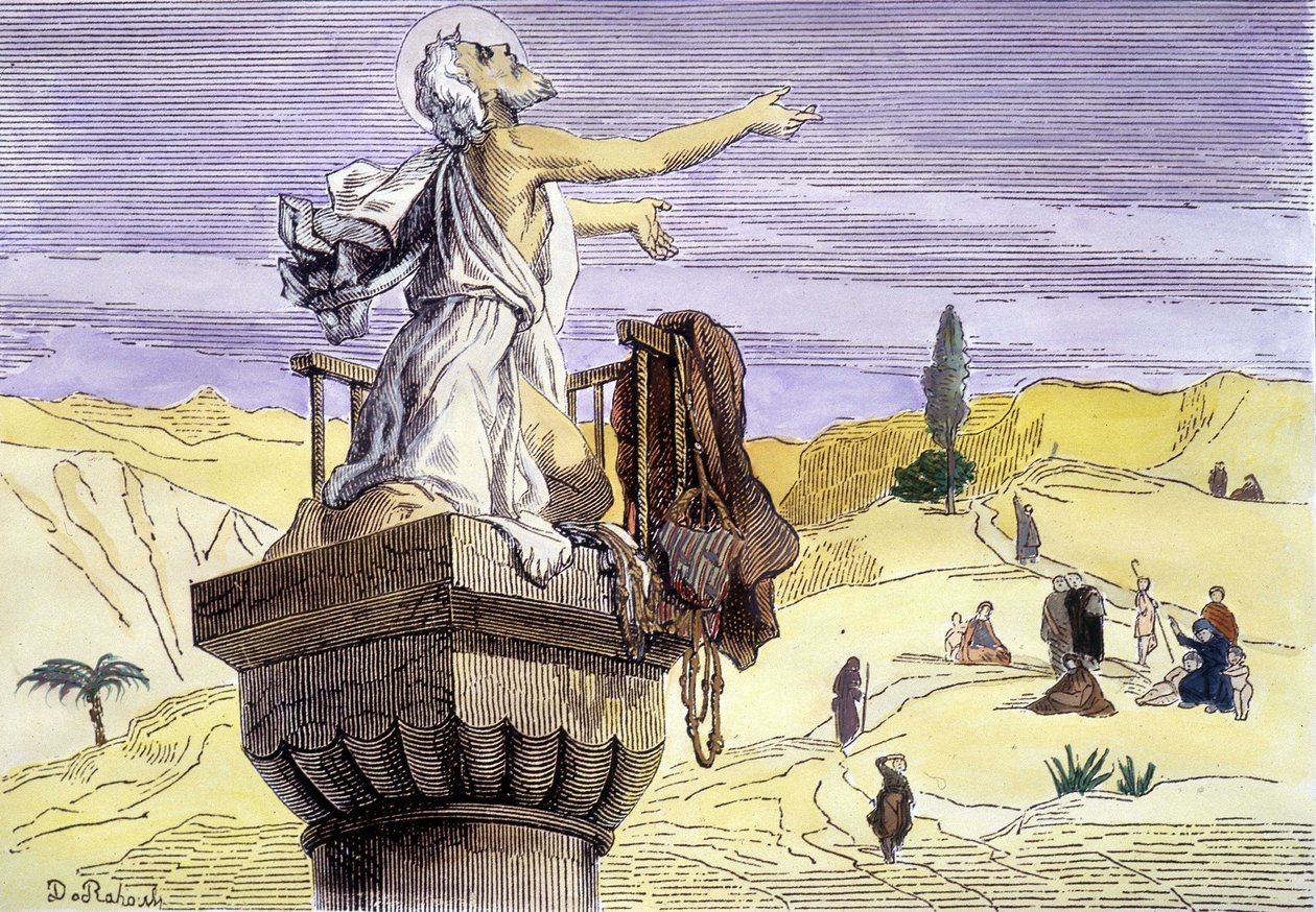Pyhä Simeon stylyte saarnaa pylväällä. tekijältä Unknown artist