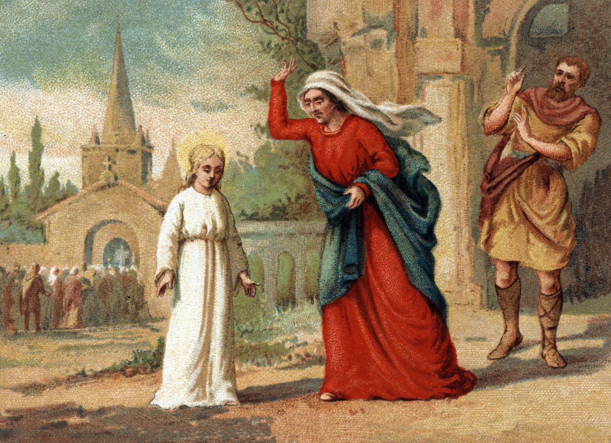 Sainte Genevieve (422-502), Pariisin suojeluspyhimys, jota äitinsä pahoinpiteli. Kromolitografia noin 1890. tekijältä Unknown artist