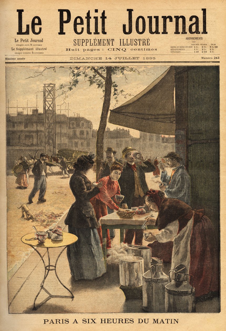 Keitto- ja maitokahvimyyjä, pidettiin koskien ovien alla kello 6 pariisilaisten työntekijöiden ulkoilma-aamiaista varten. Kaiverrus "" Le petit Journal" -julkaisussa 14/07/1895. Selvan kokoelma. tekijältä Unknown artist