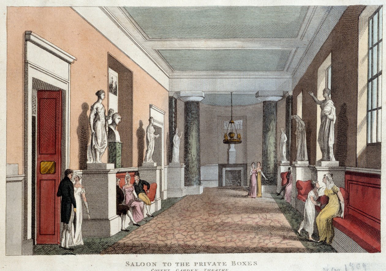 Salonki, joka johtaa Covent Gardenin teatterin yksityisiin lodgeihin. Kaiverrus vuodelta 1809. Paris, Decorative Arts tekijältä Unknown artist