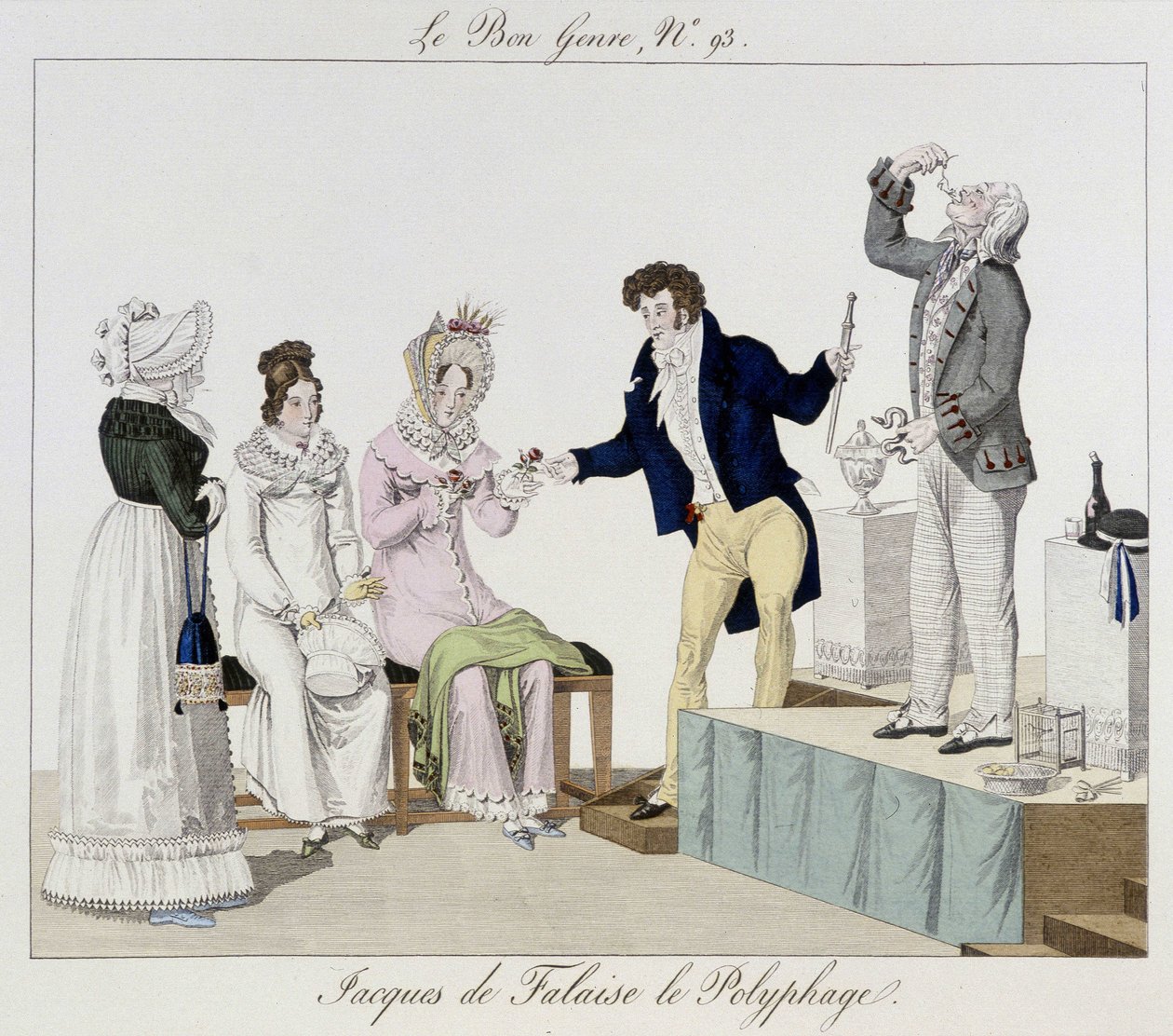 Saltimbanque: Jacques de Falaise polyfaagi (hän nielee mitä tahansa, eläviä eläimiä...) - "" Le bon genressä", deb. 1800-luvulla tekijältä Unknown artist