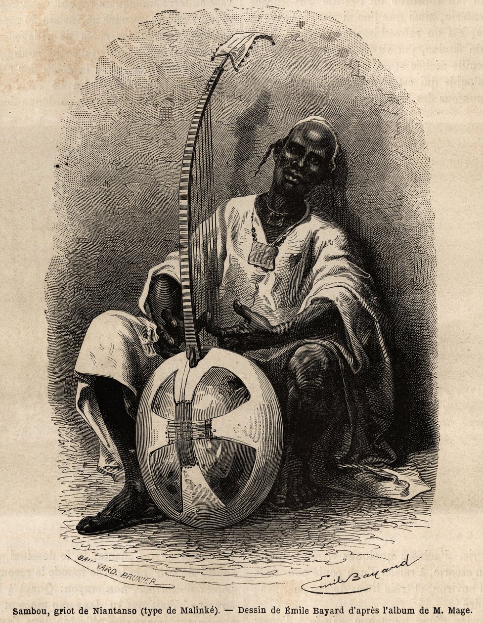Sambou, Niantanson (Mali) griot (Malinke-tyyppi: Länsi-Afrikan kieli (Guinea, Senegal, Mali ja Norsunluurannikko), runoilija, muusikko, historioitsija ja tarinankertoja, griot on kansan kollektiivisen muistin tallettaja. Kaiverrus havainnollistamaan tarina tekijältä Unknown artist