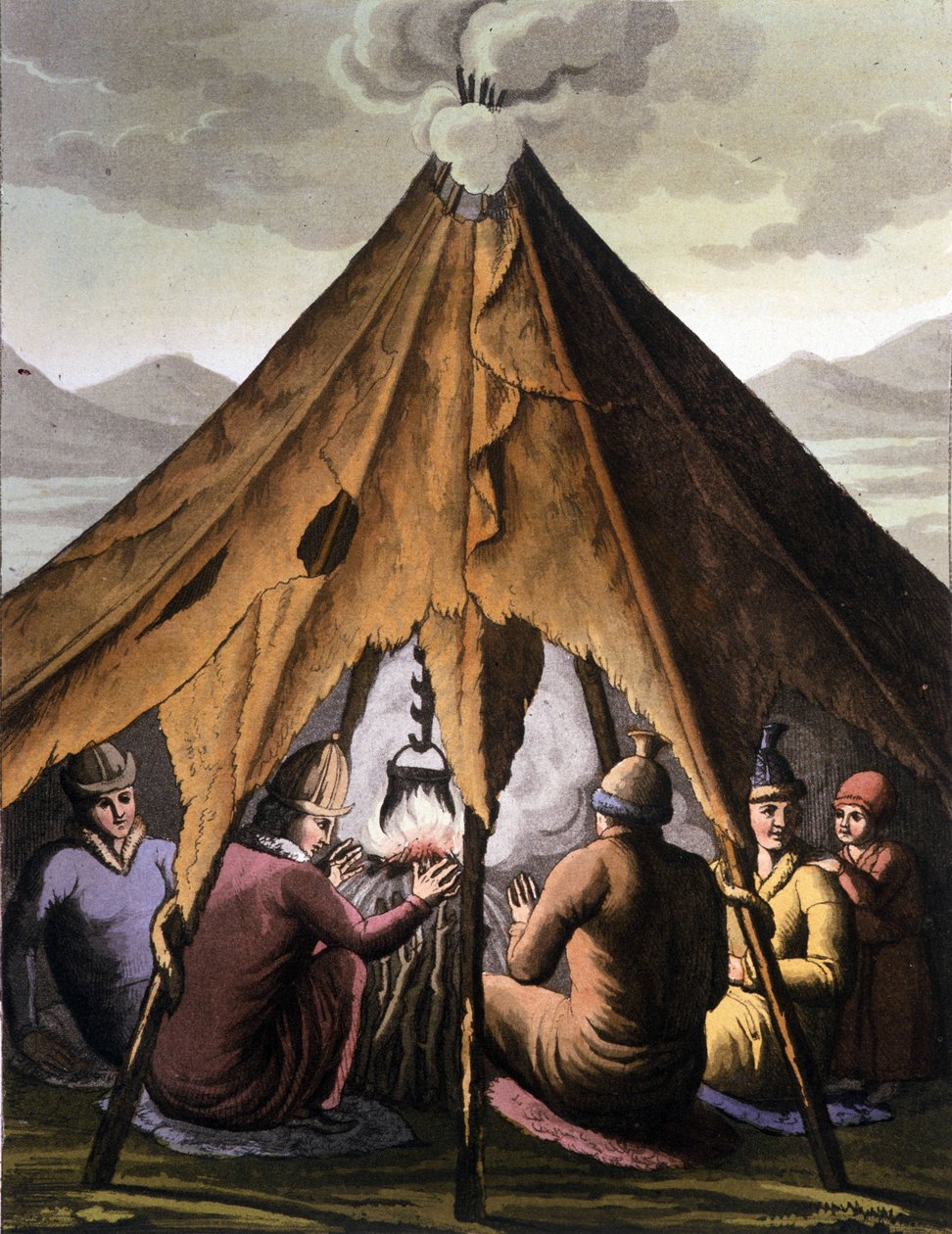 Saamelaiset: Pohjoismaiden (Norja, Suomi, Ruotsi ja Venäjä) mailla asuvat alkuperäiskansat kokoontuvat tulen ympärille teltan alle. Kaiverrus 1800-luvulta tekijältä Unknown artist