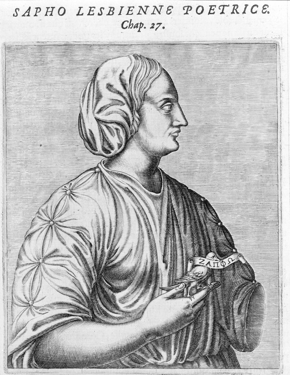 Sapho (Sappho) runoilija ja lesbo. 1700-luvun kaiverrus. tekijältä Unknown artist