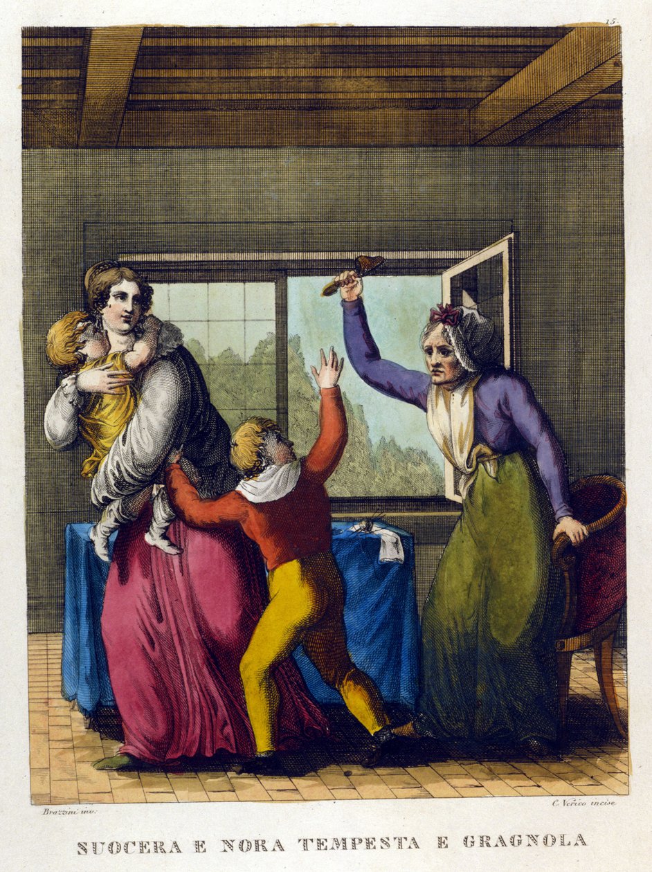 Sanonta: "" Kaunis äiti ja tytär, tempete ja grele"". Kuvitus 1700-luvun sananlaskujen kokoelmasta. tekijältä Unknown artist