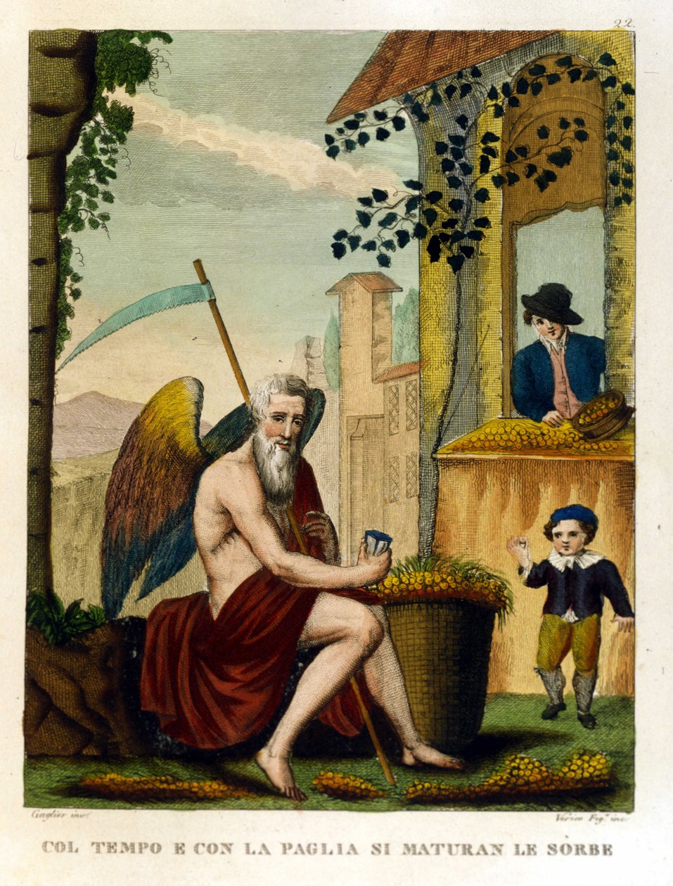 Sanonta: ""Ajan ja olkireunuksen myötä nefles ja tammenterhot"" (aika tekee kaiken sotkuiseksi), Kuvitus sananlaskukokoelmasta. 1800-luvulla tekijältä Unknown artist