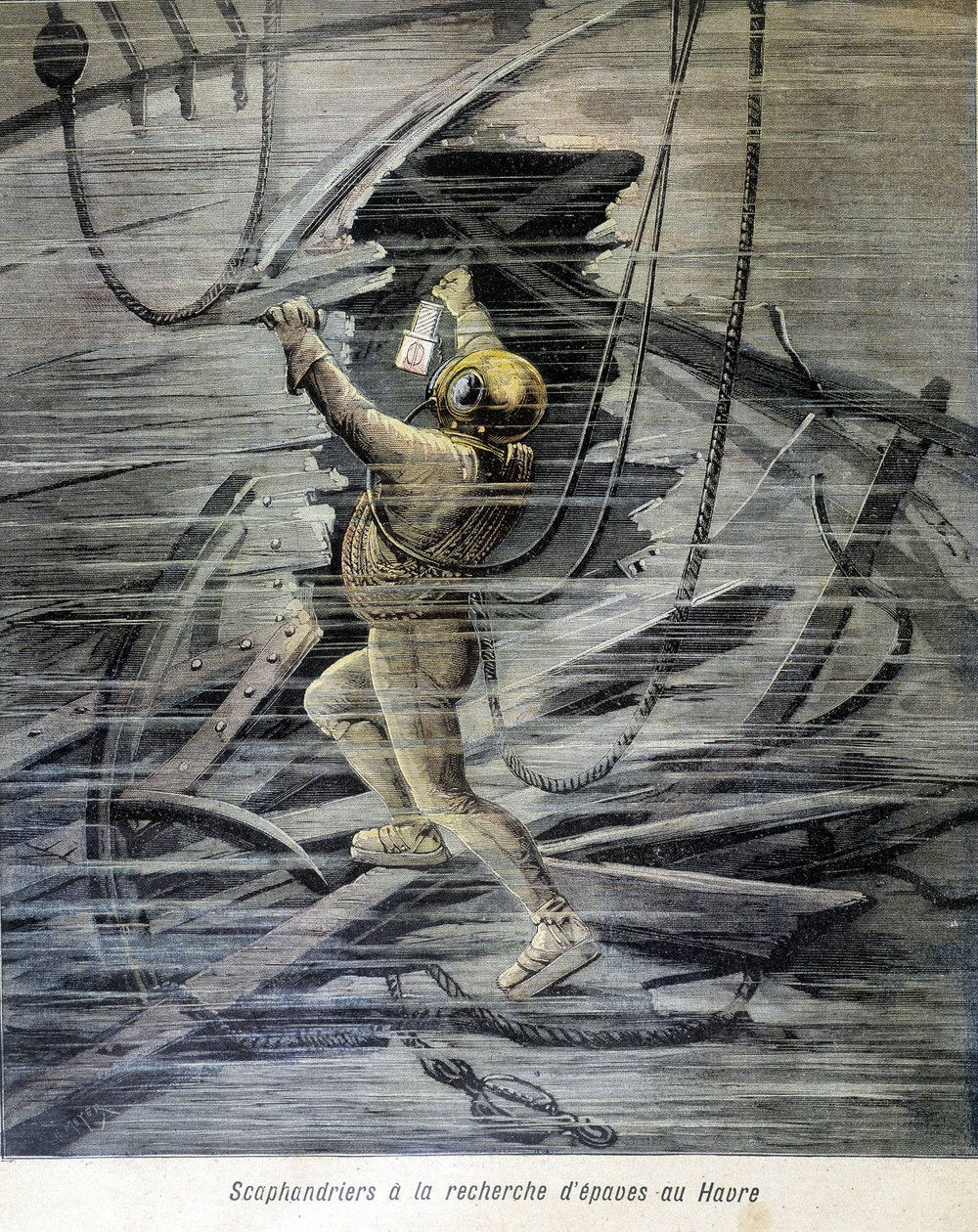 Scaphandrier etsii hylkyjä Le Havresta. kuva "Petity Journalista" vuodelta 1892. tekijältä Unknown artist