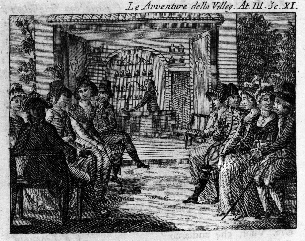 Carlo Goldonin (1707-1793) sarjakuvan "" The avventure della villeggiatura" (Kaupungin seikkailut) (1756) III näytöksen 11. kohtaus. Kaiverrus 1700-luvulta tekijältä Unknown artist