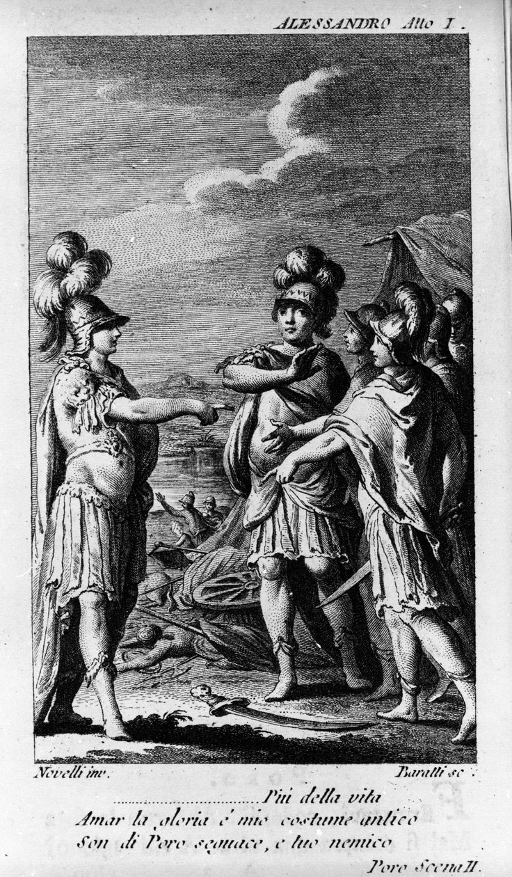 Kohtaus ensimmäisen näytöksen "" Alexandre aux Indies" (Alessandro nelle Indie), ooppera säveltäjä Niccolo Vito Piccinni (tai Piccini) (1728-1800) (1758) libreton Pietro Metastasio (Metastase). Kaiverrus 1700-luvun lopulta tekijältä Unknown artist